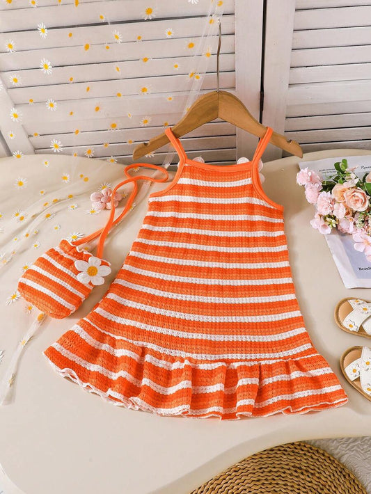 Kids Sleeveless Stripe Sundress With Embroidered Flower And Mini Purse