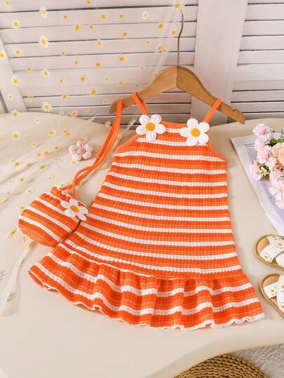 Kids Sleeveless Stripe Sundress With Embroidered Flower And Mini Purse