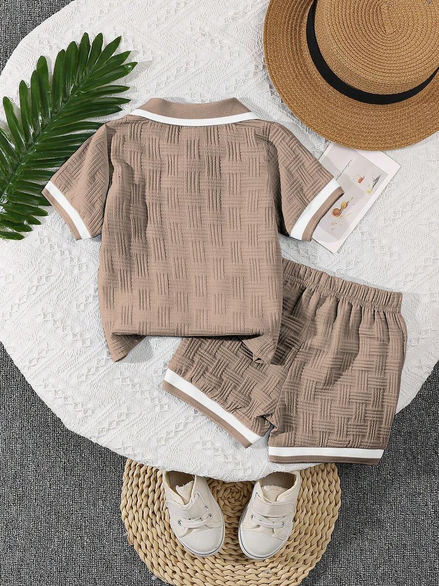 Stylish Baby Boy Solid Color Jacquard Top and Matching Shorts Summer Set