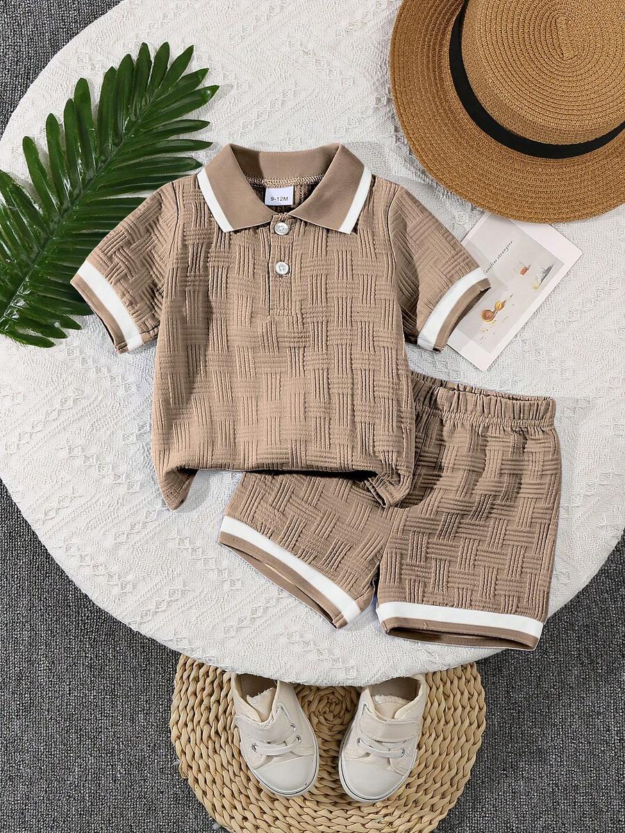 Stylish Baby Boy Solid Color Jacquard Top and Matching Shorts Summer Set