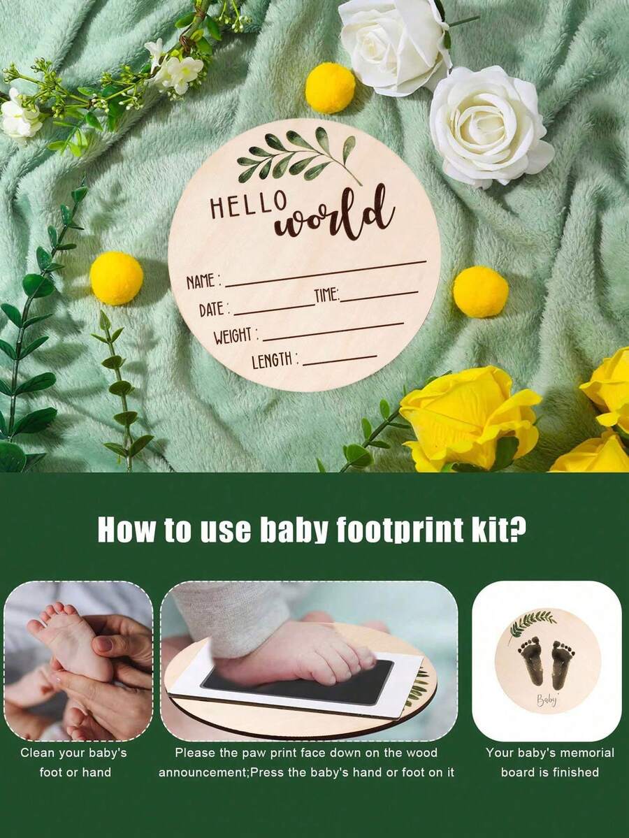 3pcs Baby Birth Announcement Wooden Name Sign Set Newborn Milestone Plaque Hospital Photo Prop Handprint Footprint Keepsake