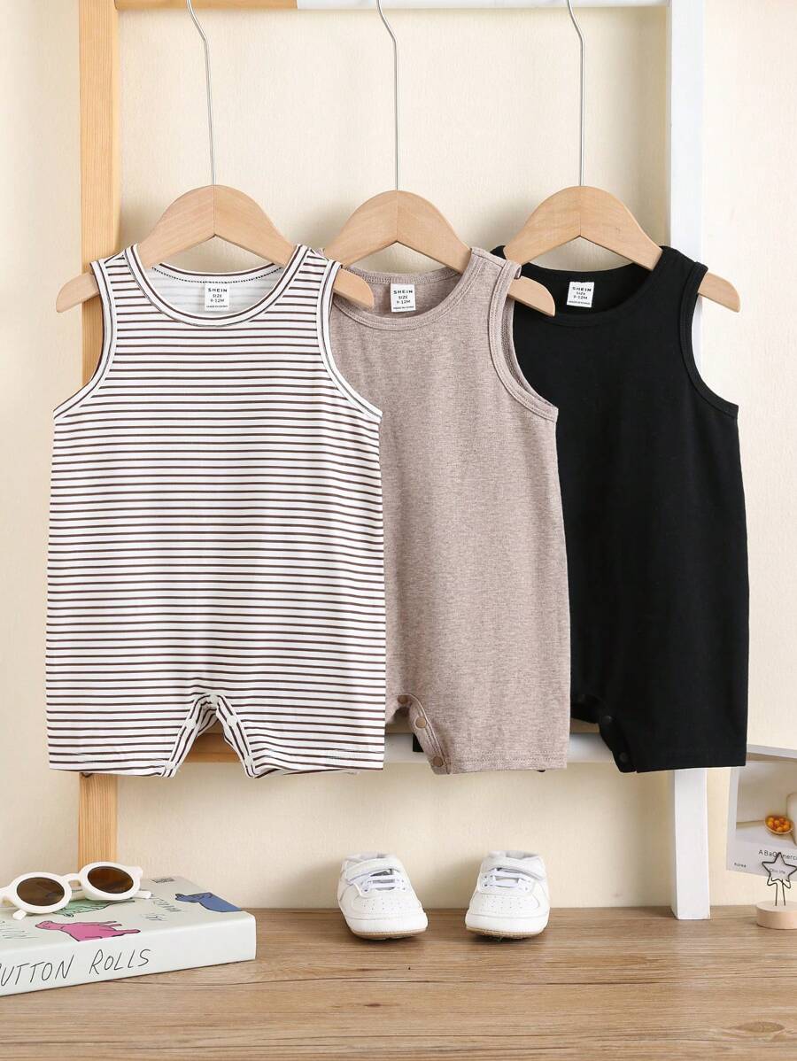Unisex Baby Solid Color Soft Knit Sleeveless Romper 3 Piece Outfit Set