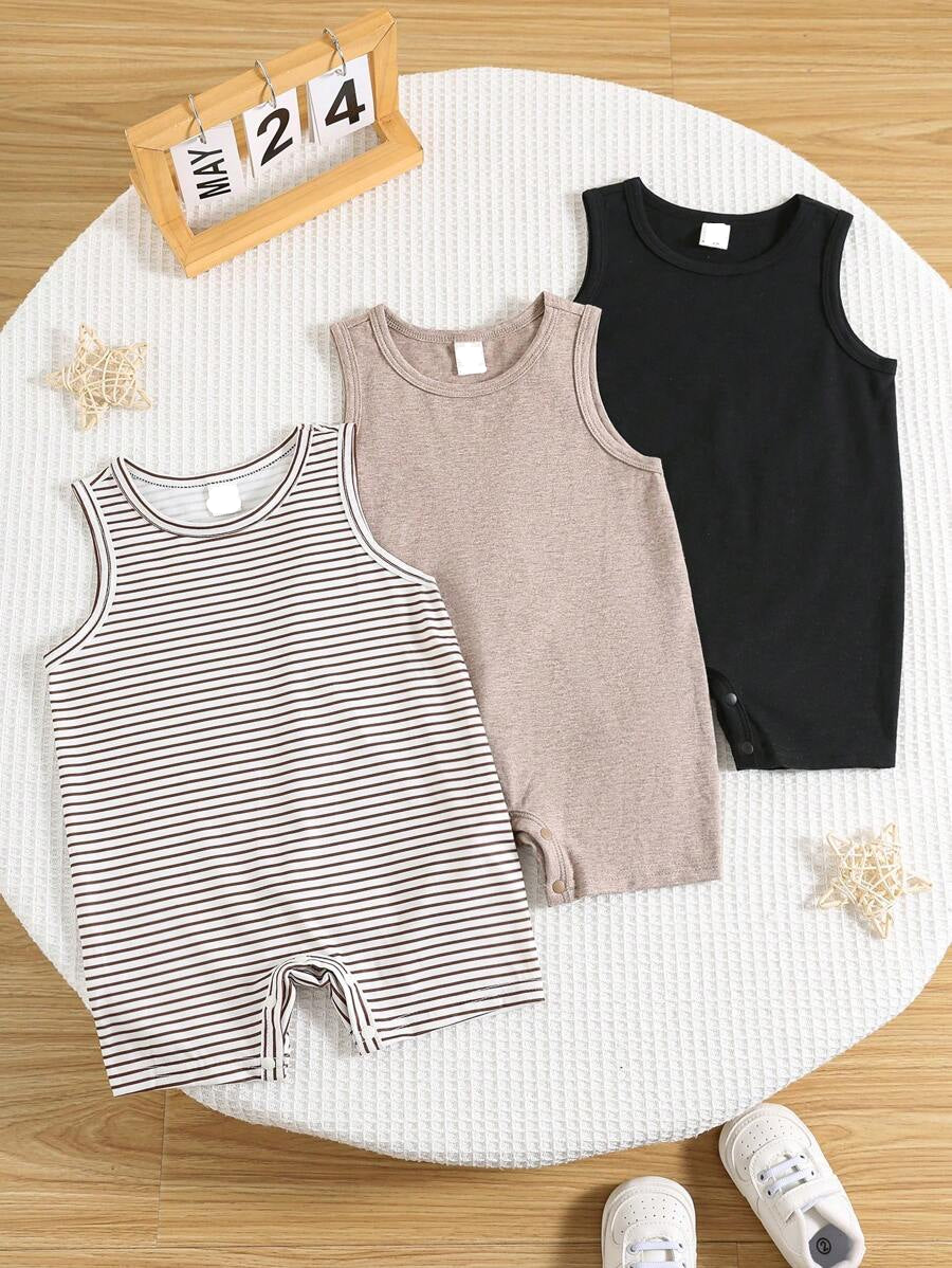 Unisex Baby Solid Color Soft Knit Sleeveless Romper 3 Piece Outfit Set
