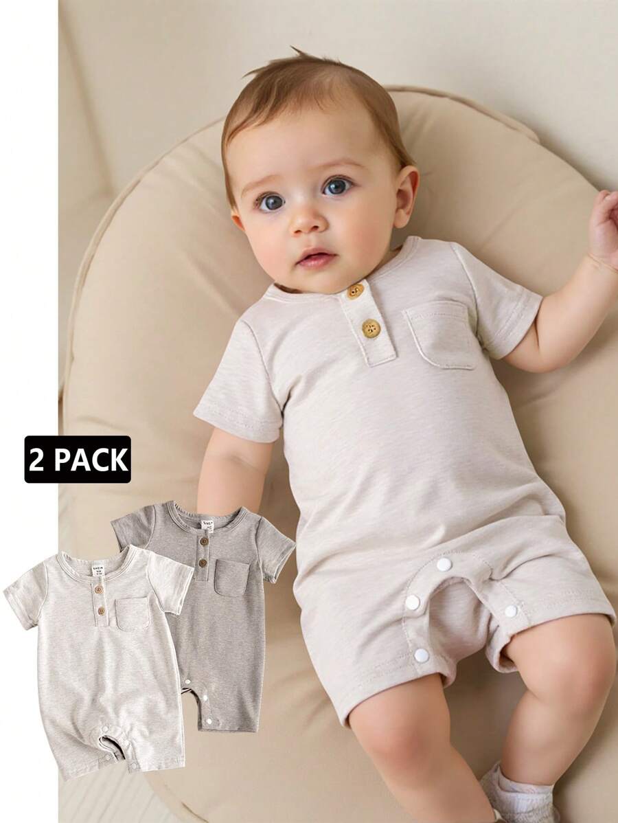 Unisex Baby 2pcs Solid Color Romper Set - Neutral Shortall for Boys and Girls