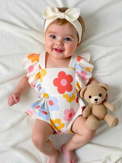 Floral Print Square Neck Baby Girl Bodysuit with Cap Sleeve Design
