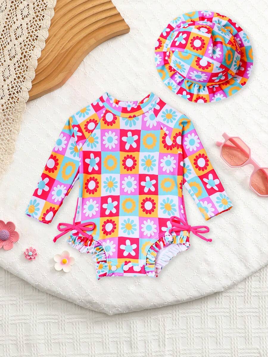 Baby Floral Print Ruffle Long Sleeve Swimsuit Set with Matching Swim Cap