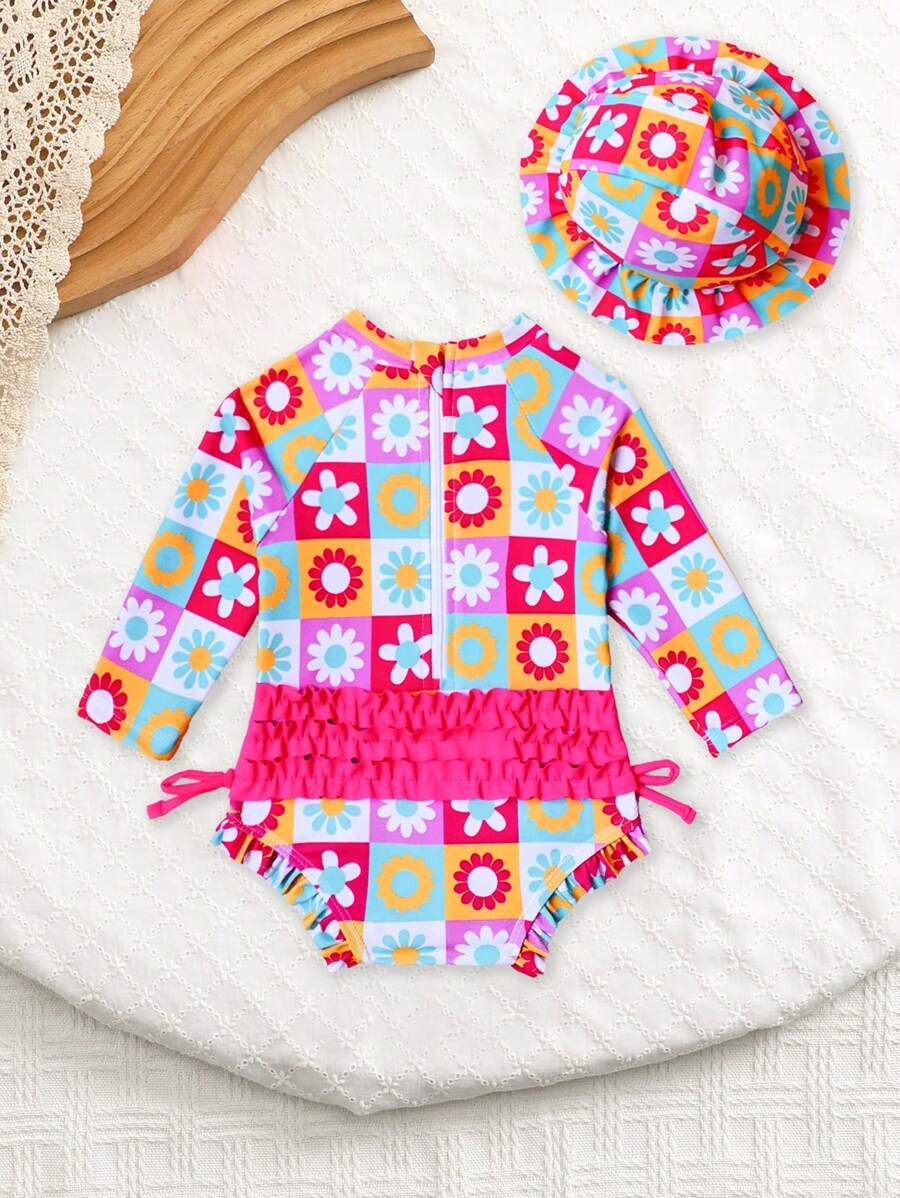Baby Floral Print Ruffle Long Sleeve Swimsuit Set with Matching Swim Cap