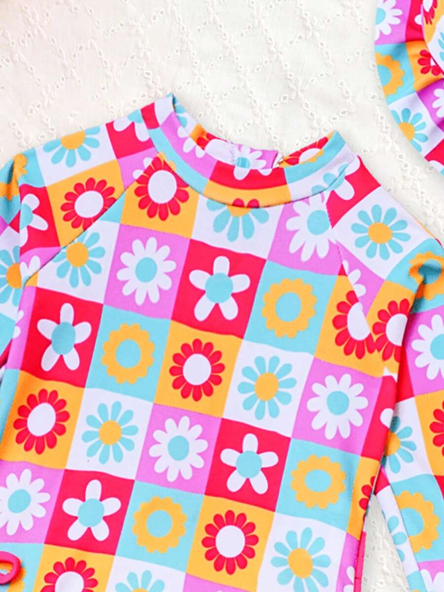 Baby Floral Print Ruffle Long Sleeve Swimsuit Set with Matching Swim Cap