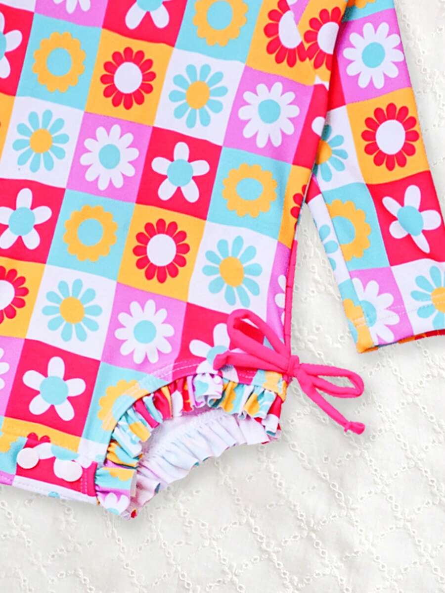 Baby Floral Print Ruffle Long Sleeve Swimsuit Set with Matching Swim Cap