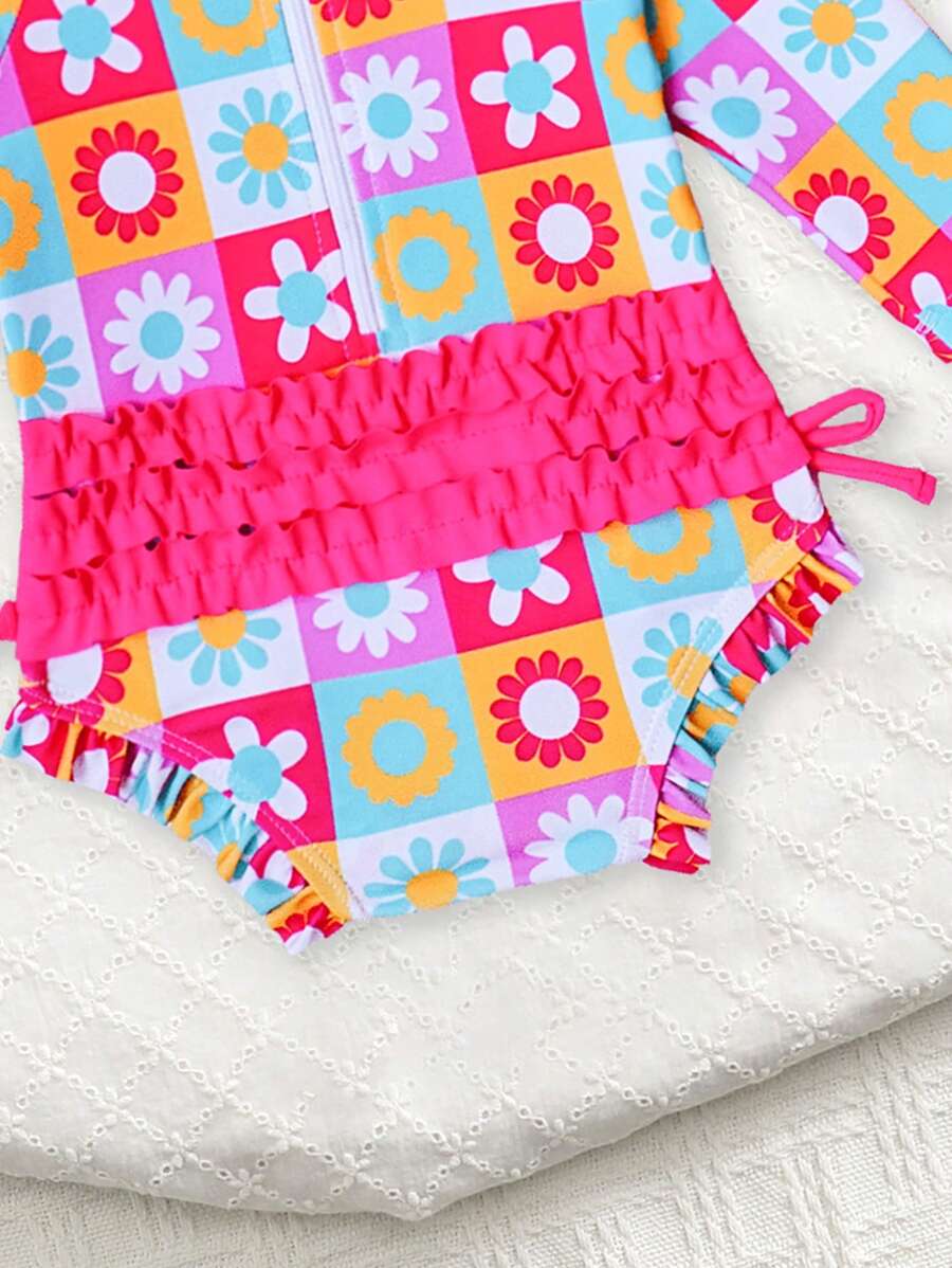 Baby Floral Print Ruffle Long Sleeve Swimsuit Set with Matching Swim Cap