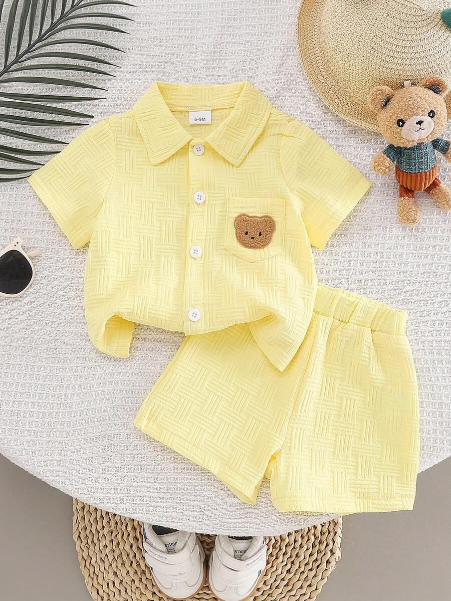 2-Piece Baby Boy Textured Bear Embroidery Shirt and Shorts Set