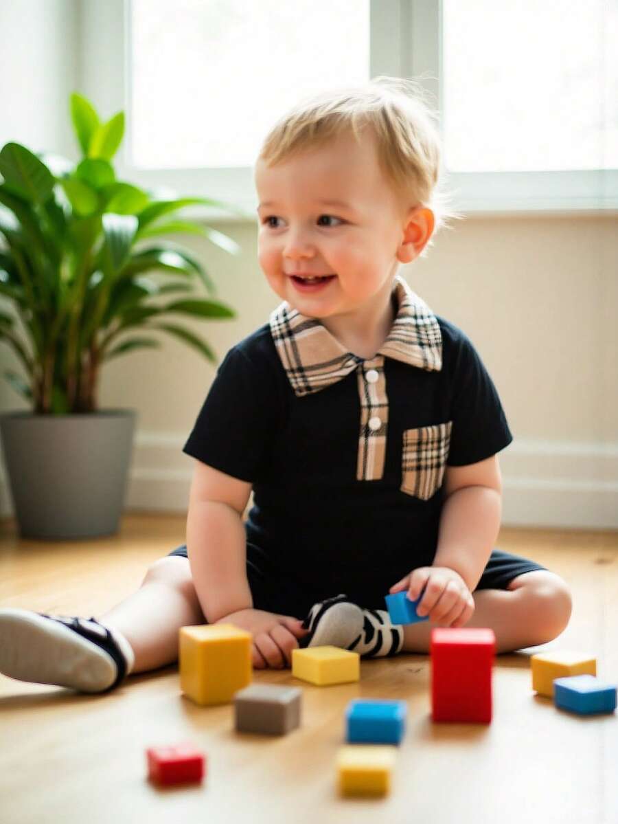 Newborn Baby Boy Plaid Texture Polo Short Sleeve Jumpsuit Casual Summer Outfit for Daily Wear