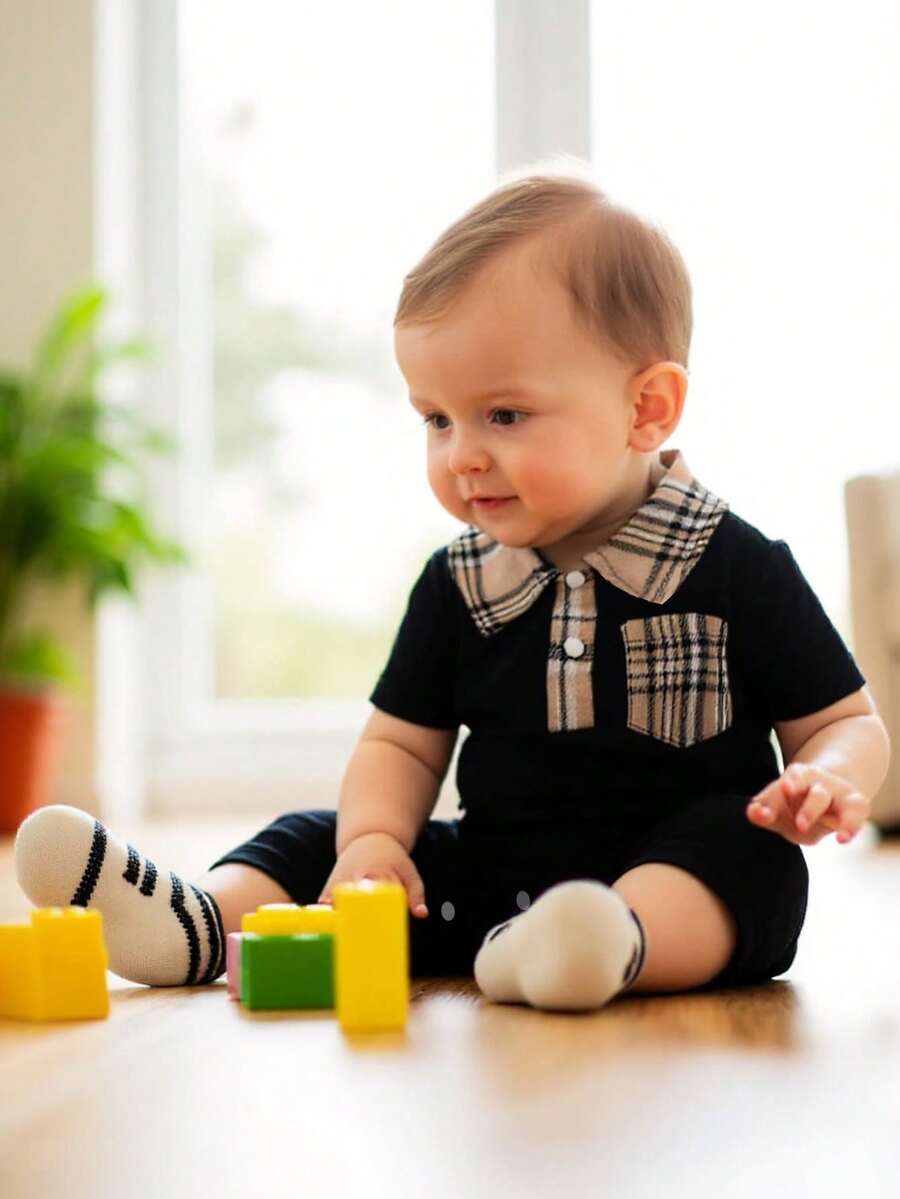 Newborn Baby Boy Plaid Texture Polo Short Sleeve Jumpsuit Casual Summer Outfit for Daily Wear