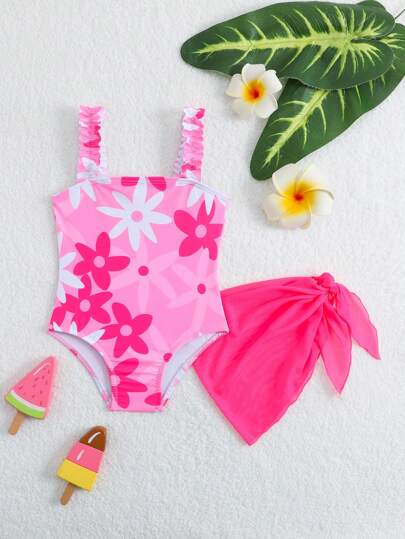 Baby Girls Floral Swimsuit And Coverup Skirt Set Tropical Beach Vacation Swimwear