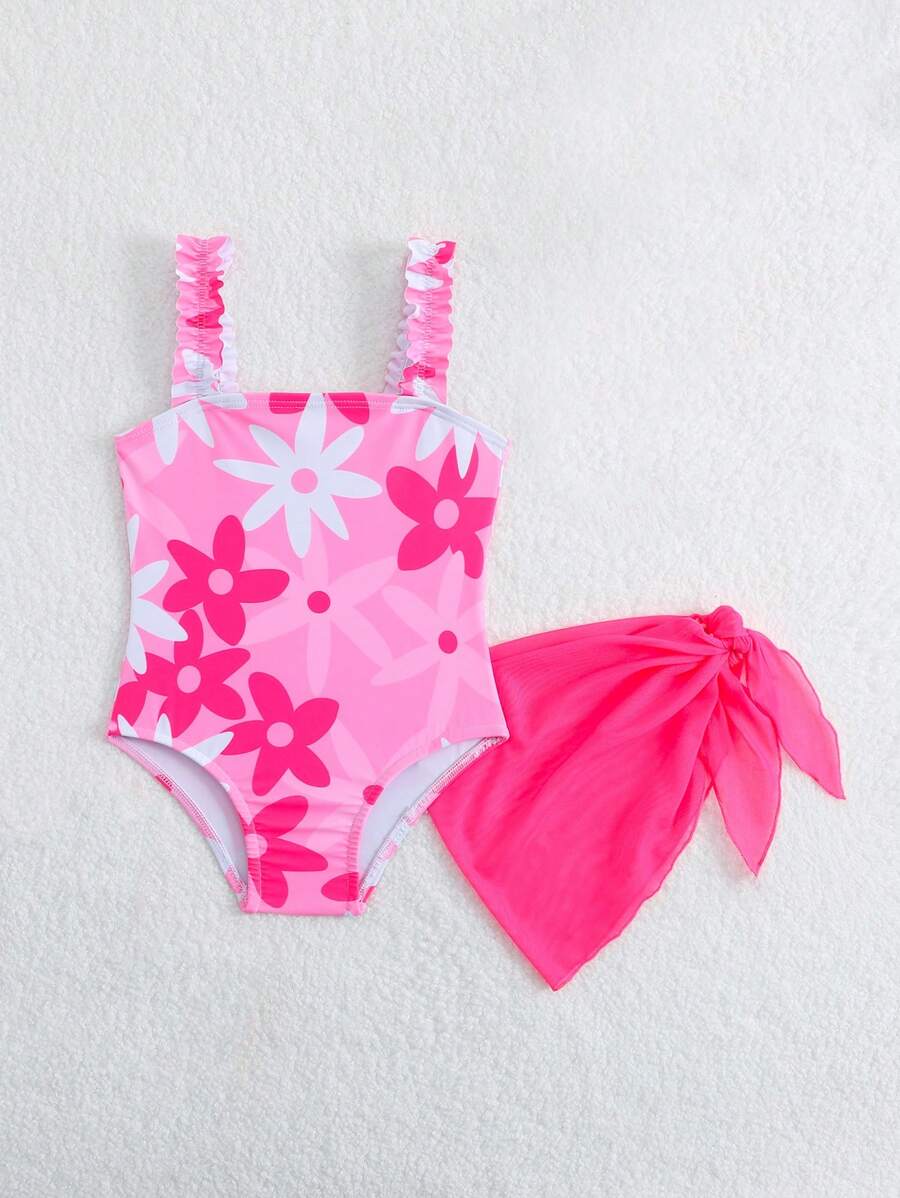 Baby Girls Floral Swimsuit And Coverup Skirt Set Tropical Beach Vacation Swimwear