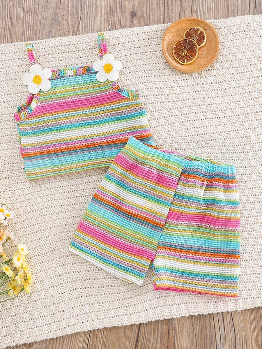 Striped Knit Camisole And Shorts Set For Baby Girls Summer Vacation Wear