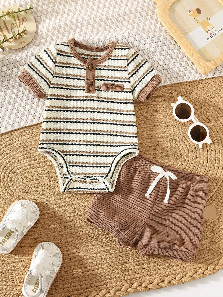 Stripe Knit Bodysuit and Elastic Waist Shorts Set for Cute Spring and Summer Wear