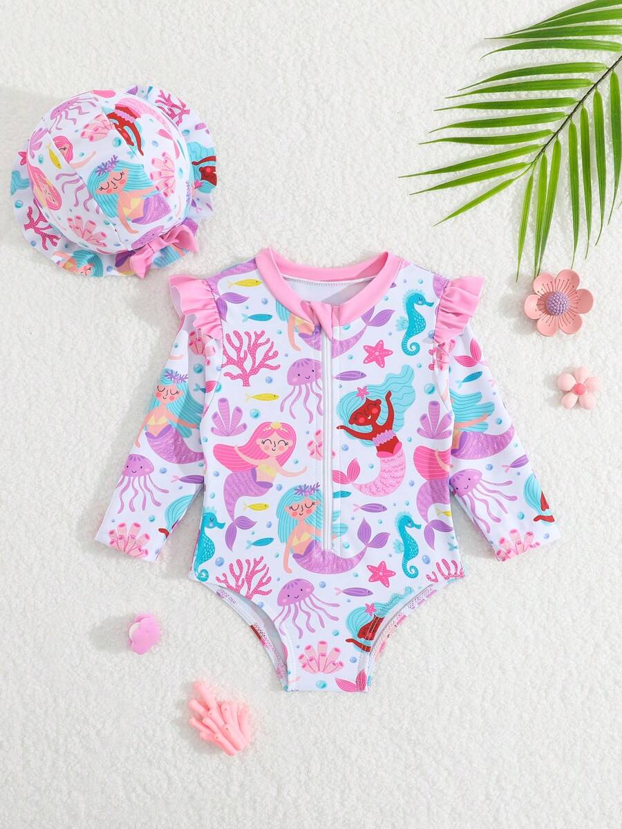Baby Floral Long Sleeve One-Piece Swimsuit with Ruffle Hem and Matching Headband