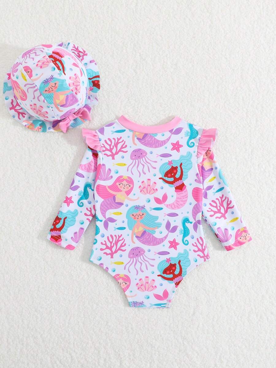 Baby Floral Long Sleeve One-Piece Swimsuit with Ruffle Hem and Matching Headband