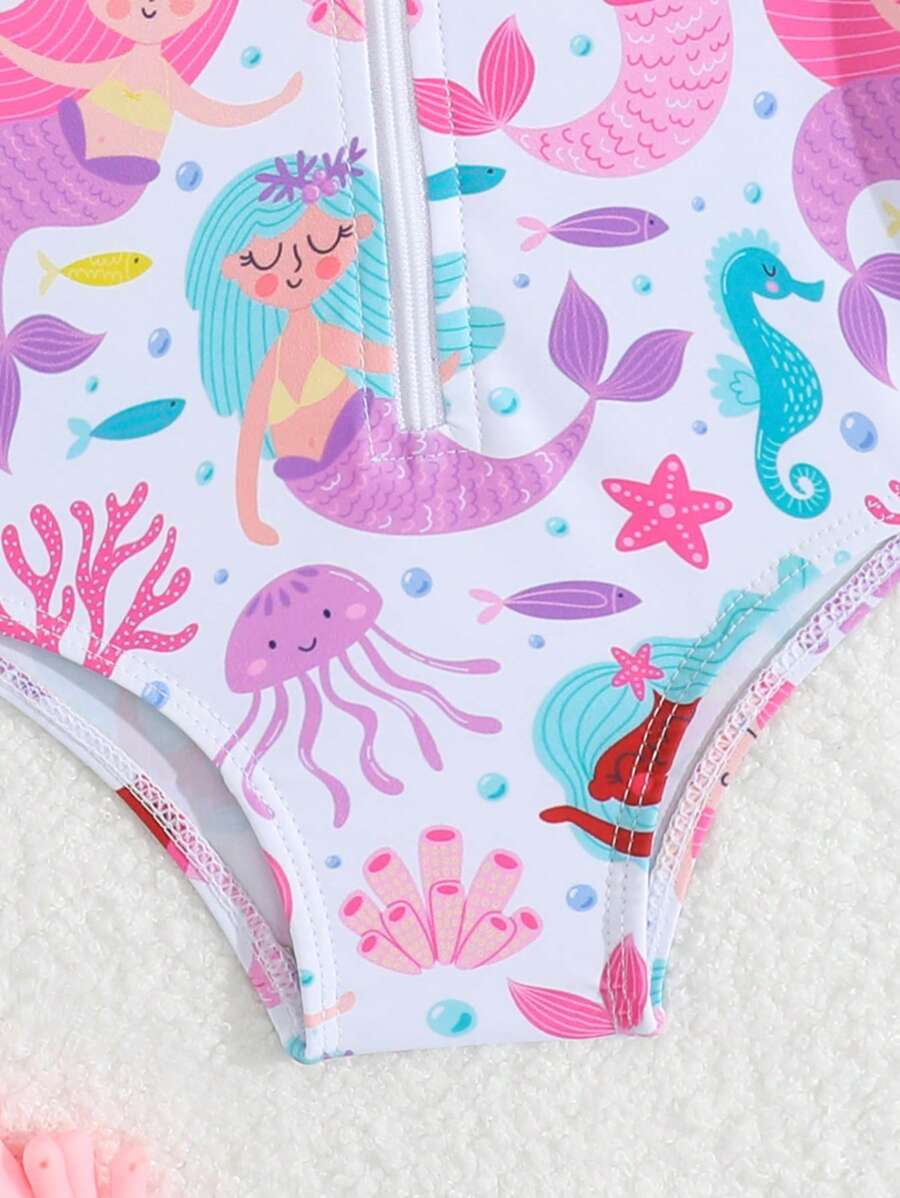 Baby Floral Long Sleeve One-Piece Swimsuit with Ruffle Hem and Matching Headband