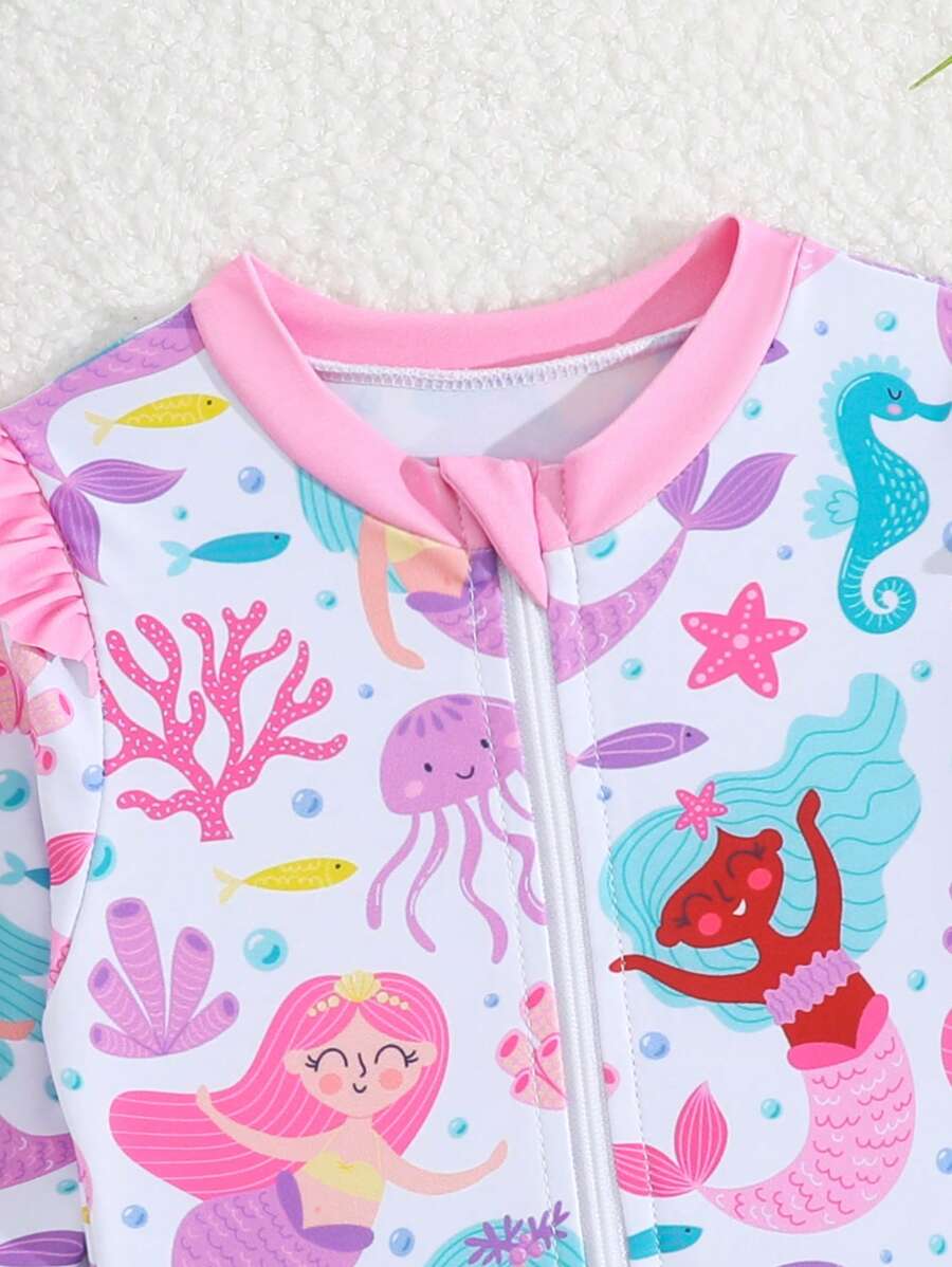 Baby Floral Long Sleeve One-Piece Swimsuit with Ruffle Hem and Matching Headband