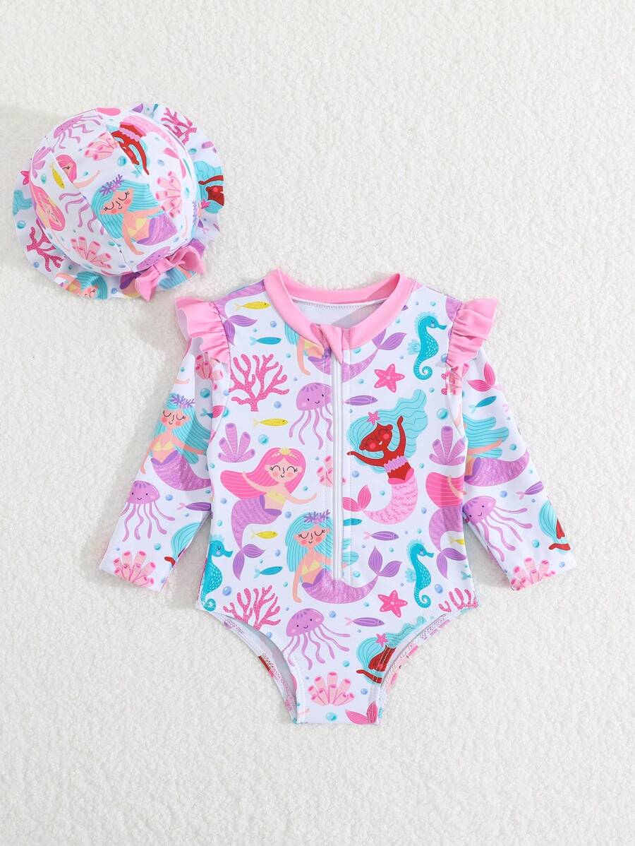 Baby Floral Long Sleeve One-Piece Swimsuit with Ruffle Hem and Matching Headband