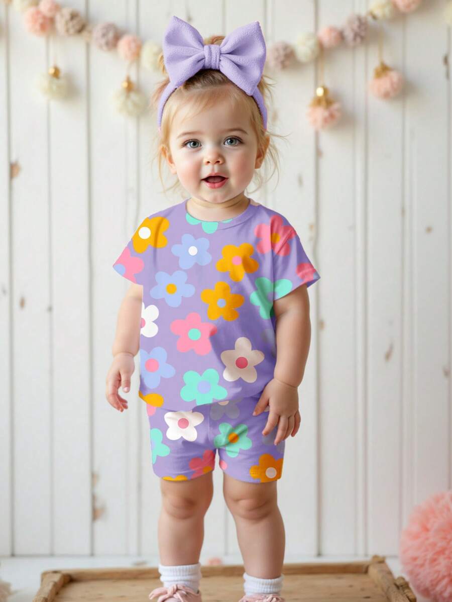 Cute Short Sleeve Clothing Set For Little Girls Flower Print Leggings Style
