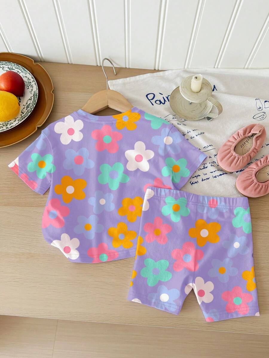 Cute Short Sleeve Clothing Set For Little Girls Flower Print Leggings Style
