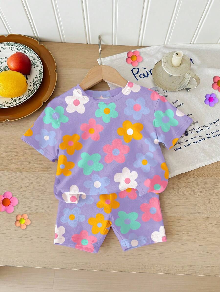 Cute Short Sleeve Clothing Set For Little Girls Flower Print Leggings Style
