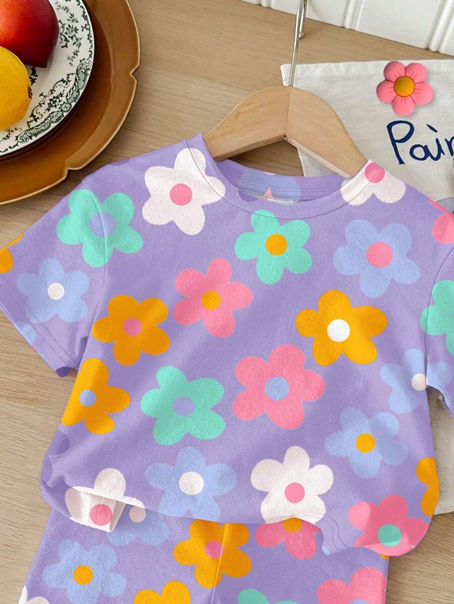 Cute Short Sleeve Clothing Set For Little Girls Flower Print Leggings Style