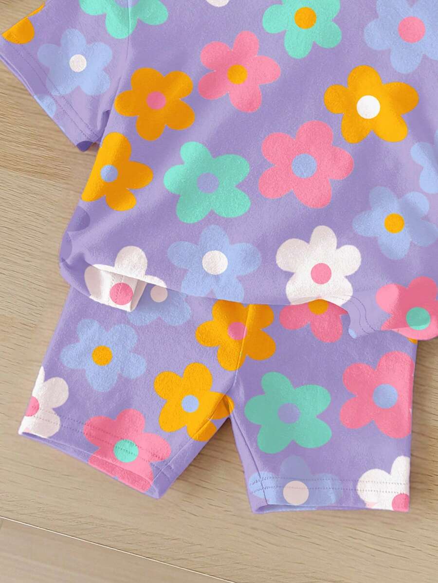 Cute Short Sleeve Clothing Set For Little Girls Flower Print Leggings Style