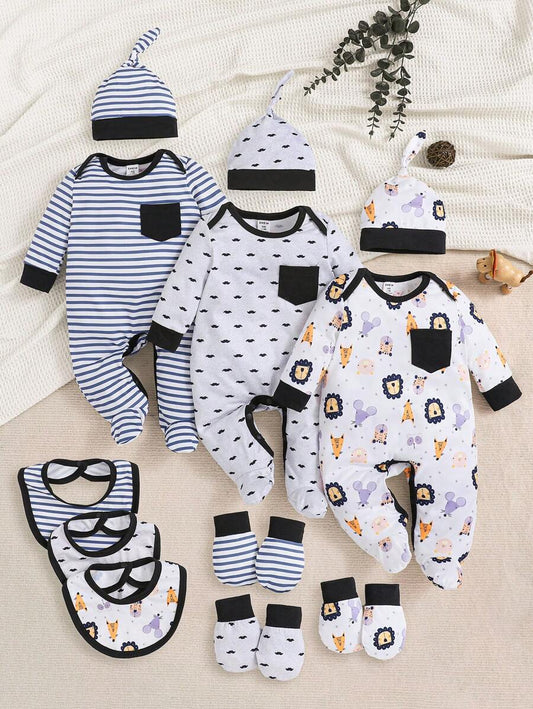 3PCS Baby Striped Animal Print Jumpsuit Set with Hat, Mittens and Bib