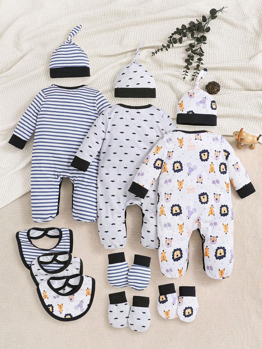 3PCS Baby Striped Animal Print Jumpsuit Set with Hat, Mittens and Bib