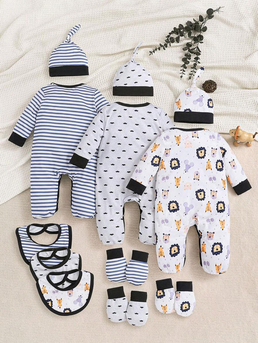 3PCS Baby Striped Animal Print Jumpsuit Set with Hat, Mittens and Bib