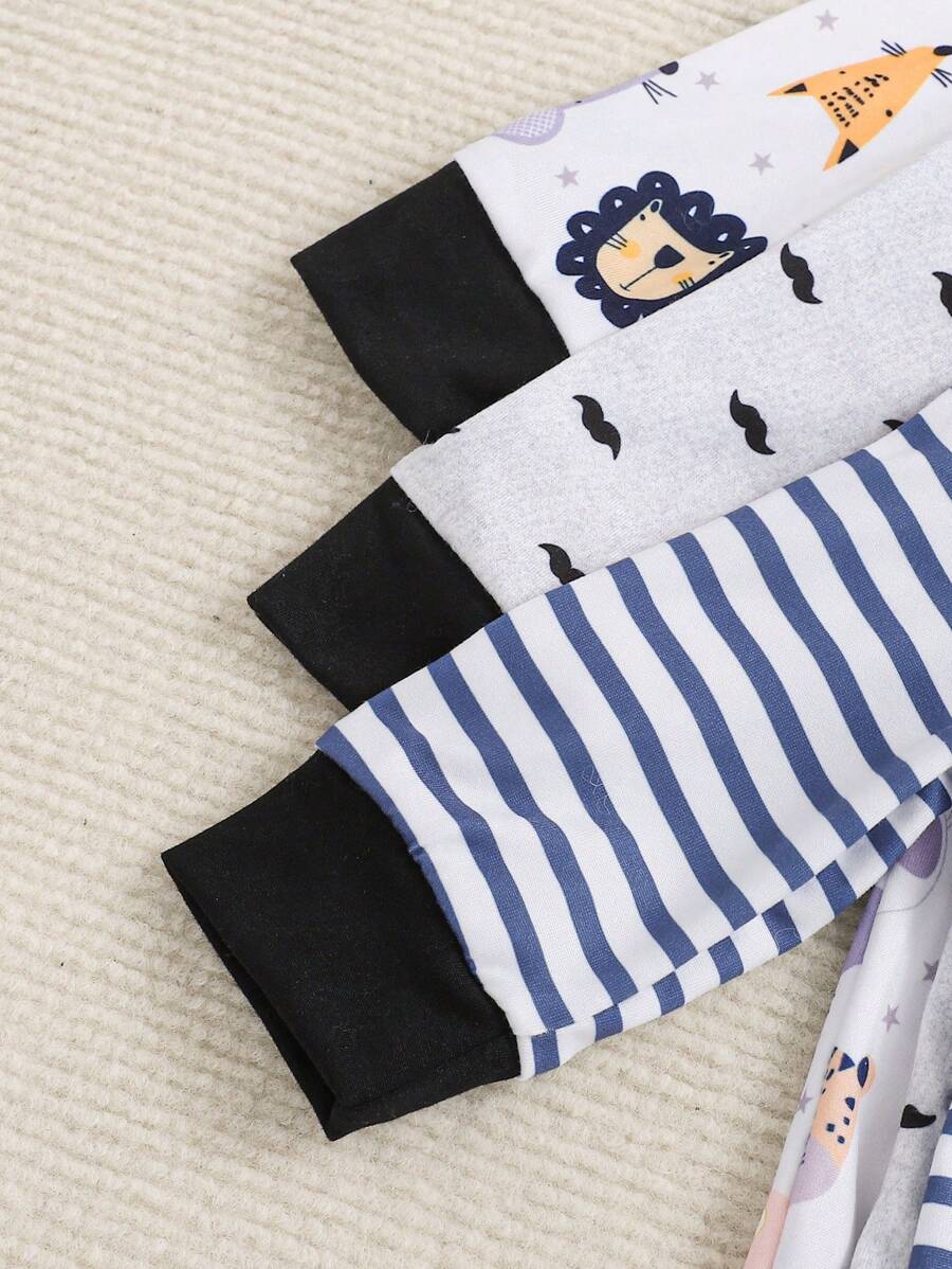 3PCS Baby Striped Animal Print Jumpsuit Set with Hat, Mittens and Bib