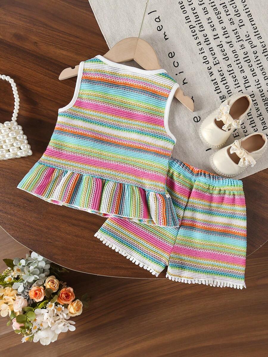 Two Piece Summer Clothing Set For Kids Girls Floral Knit Top And Shorts