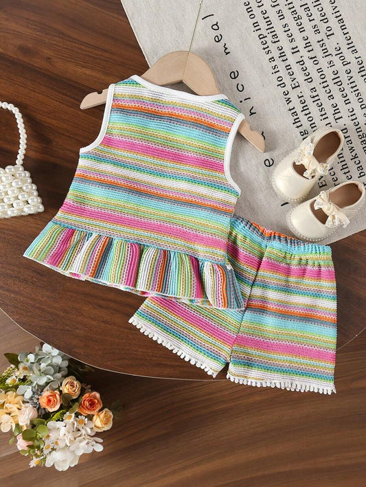 Two Piece Summer Clothing Set For Kids Girls Floral Knit Top And Shorts