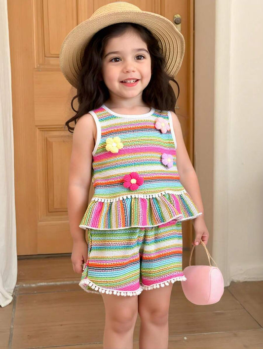 Two Piece Summer Clothing Set For Kids Girls Floral Knit Top And Shorts