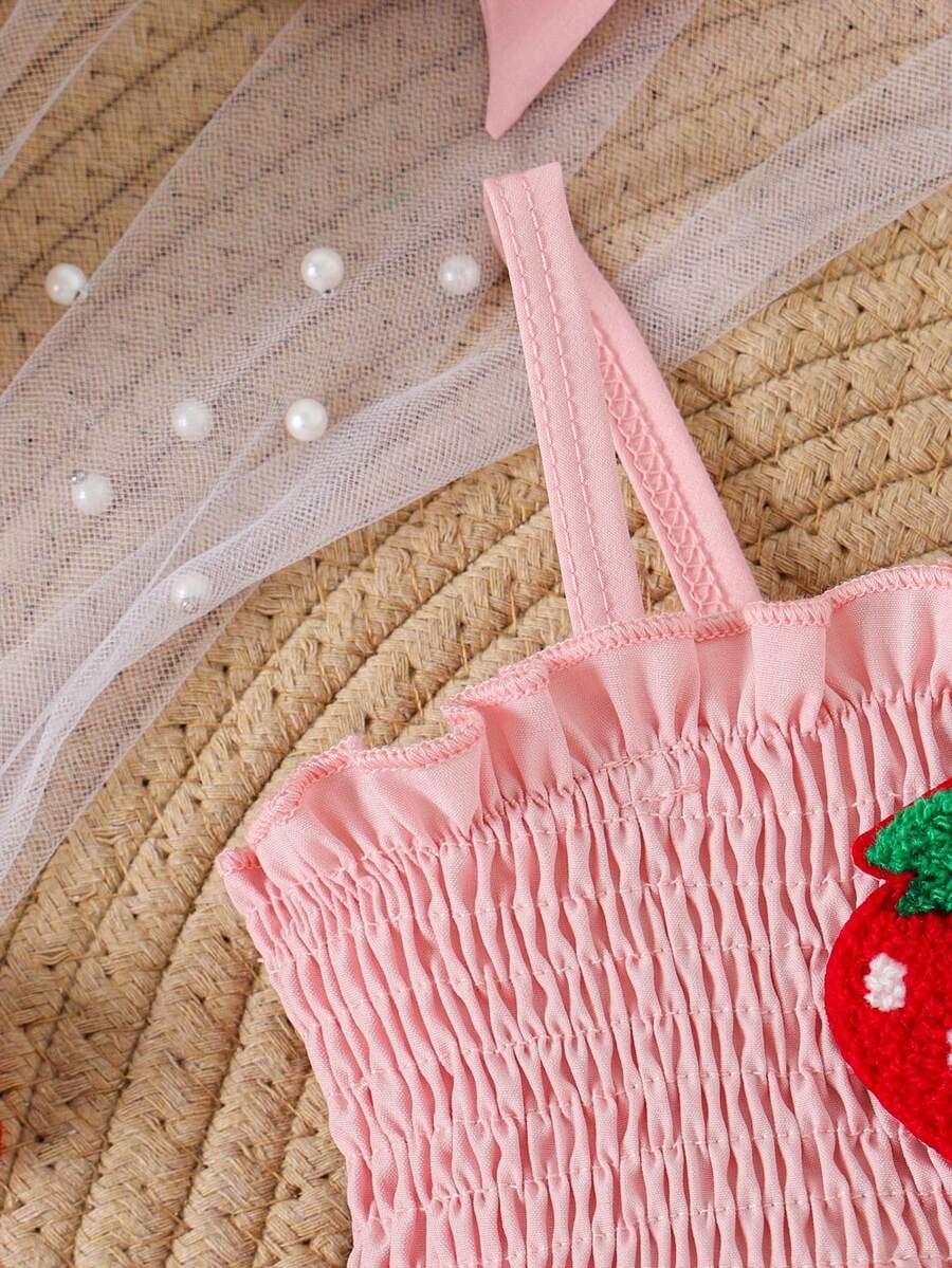 Baby Girls Strawberry Mesh Patchwork Romper with Headband for Summer Outdoor Wear