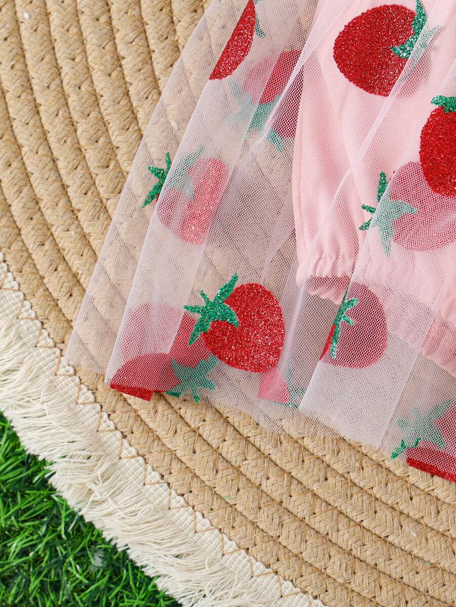 Baby Girls Strawberry Mesh Patchwork Romper with Headband for Summer Outdoor Wear