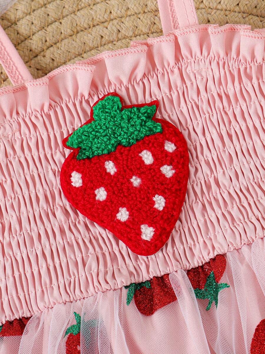 Baby Girls Strawberry Mesh Patchwork Romper with Headband for Summer Outdoor Wear