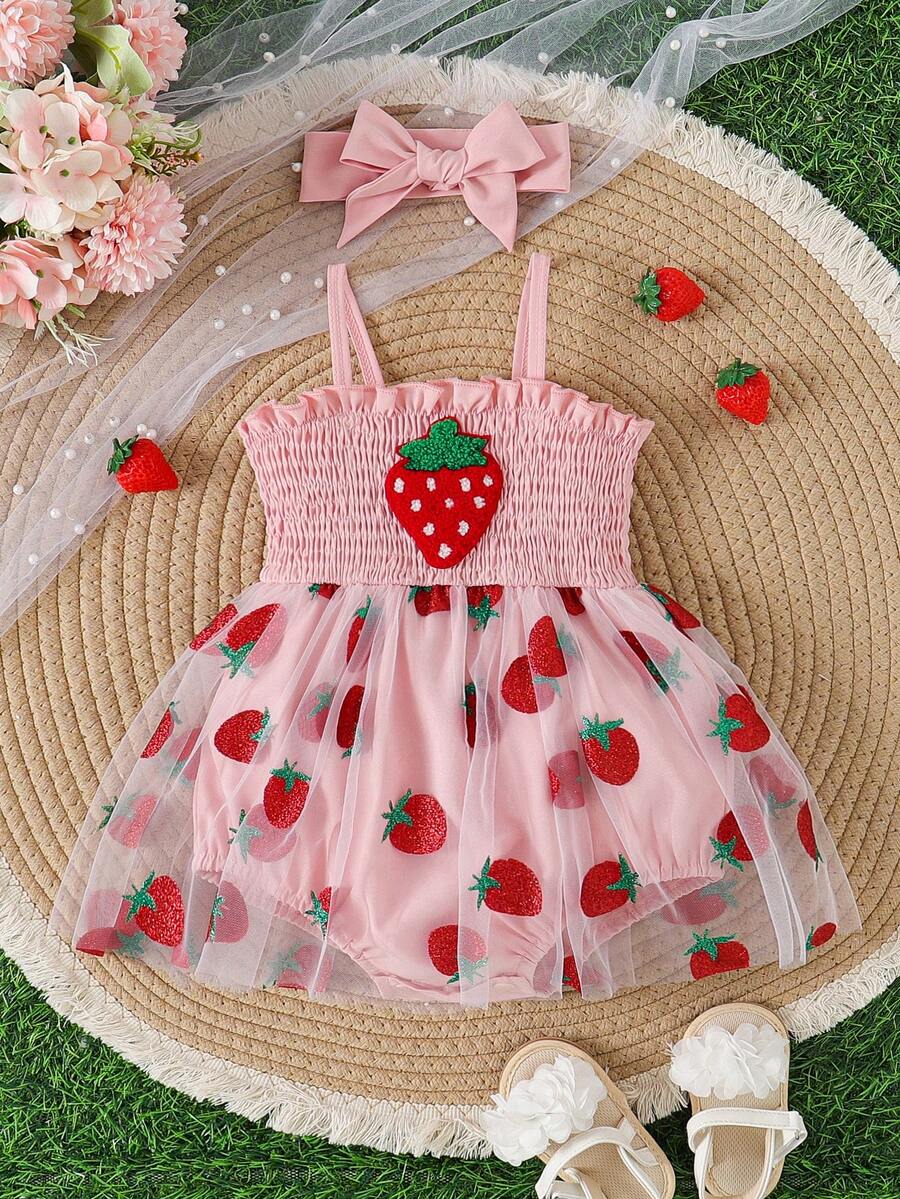 Baby Girls Strawberry Mesh Patchwork Romper with Headband for Summer Outdoor Wear