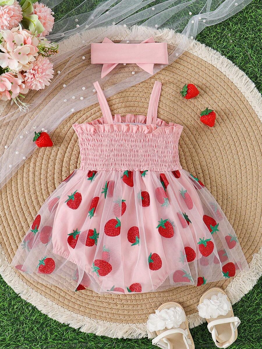 Baby Girls Strawberry Mesh Patchwork Romper with Headband for Summer Outdoor Wear