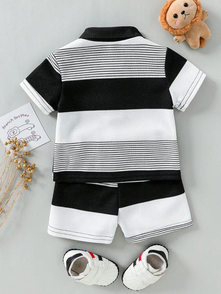 Infant Boys Casual Striped Short Sleeve Polo and Shorts Set with Bear Embroidery