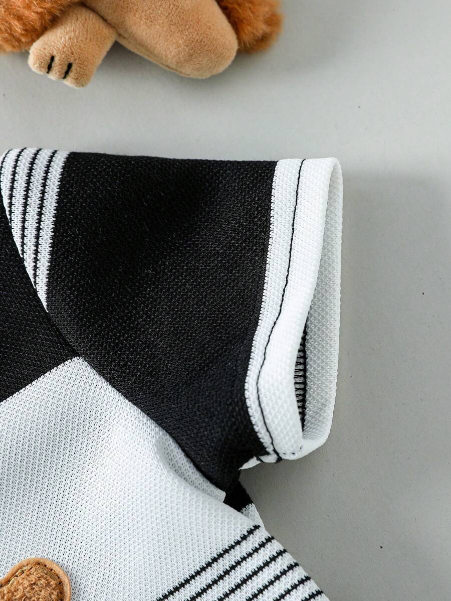 Infant Boys Casual Striped Short Sleeve Polo and Shorts Set with Bear Embroidery