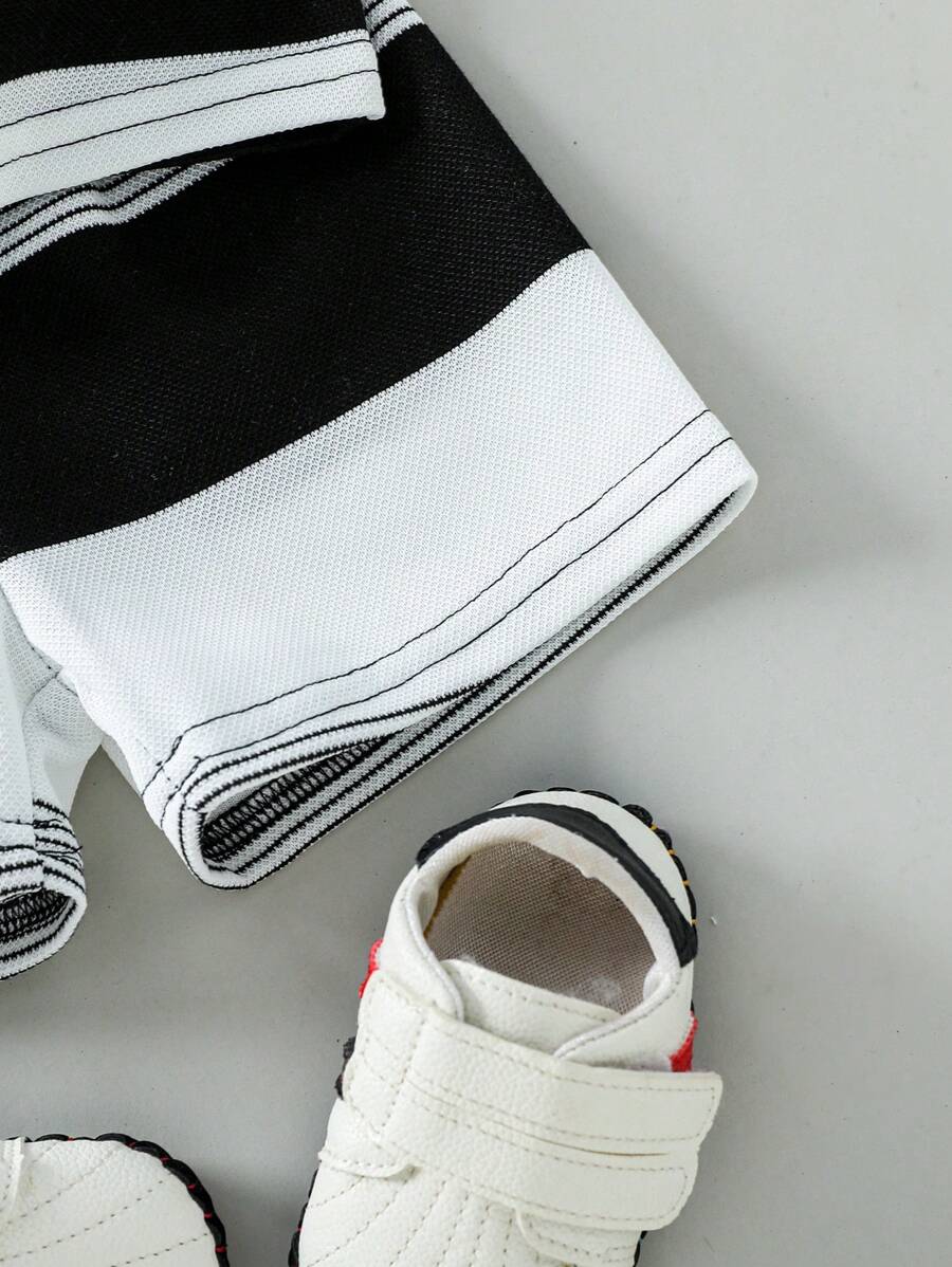 Infant Boys Casual Striped Short Sleeve Polo and Shorts Set with Bear Embroidery