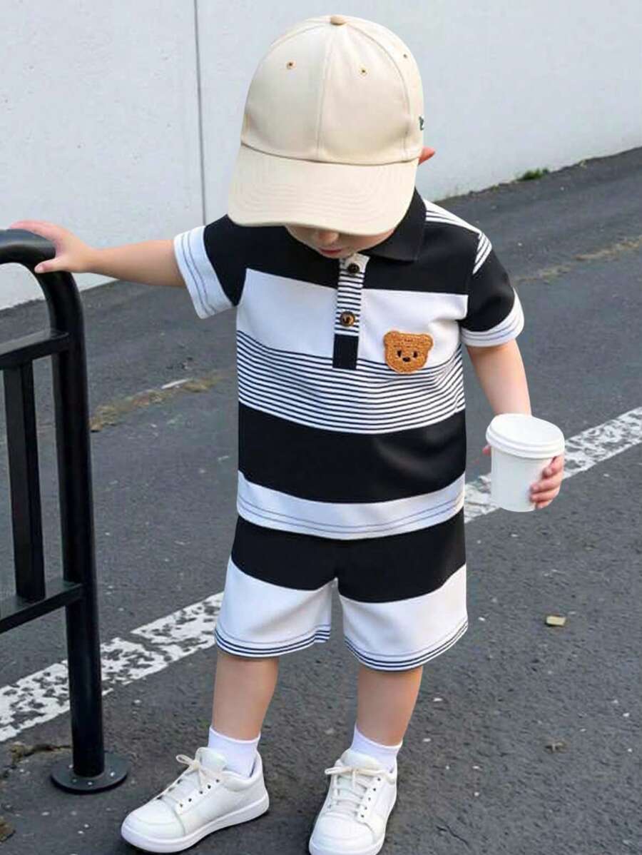 Infant Boys Casual Striped Short Sleeve Polo and Shorts Set with Bear Embroidery