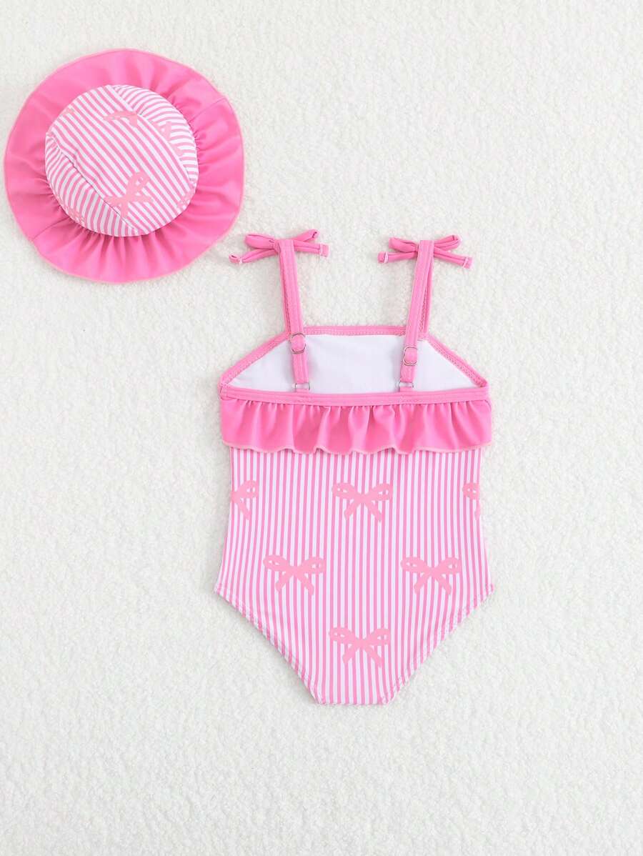 Baby Bow Print Two-Piece Swimsuit Set with Adjustable Straps and Matching Hat