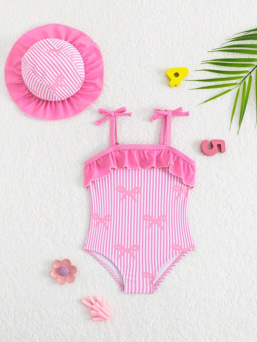 Baby Bow Print Two-Piece Swimsuit Set with Adjustable Straps and Matching Hat