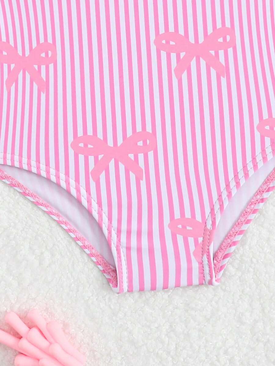 Baby Bow Print Two-Piece Swimsuit Set with Adjustable Straps and Matching Hat